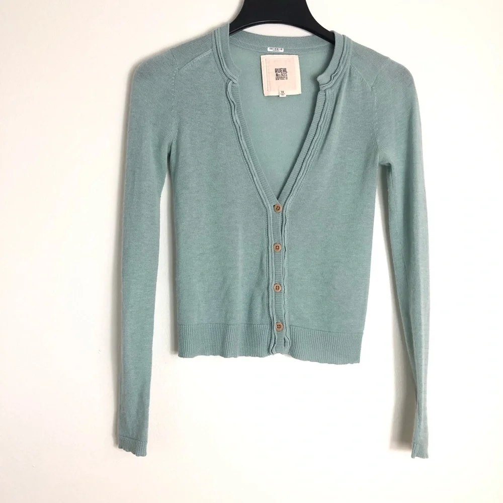 Ruehl No.925 Sea foam Green Cardigan Sweater Cashmere Silk Lightweight Womens XS - Picture 1 of 5